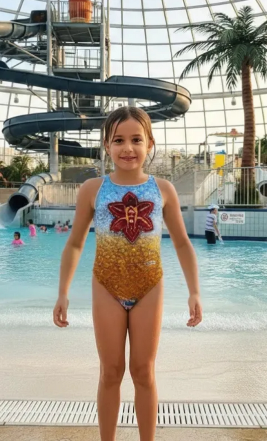 Young girl in a colorful swimsuit standing in front of an indoor water park with slides and palm trees.