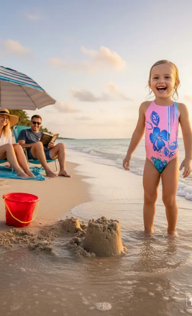 Lagoon girls one-piece swimsuit with hibiscus Hawaiian print, model on beach, made in Canada