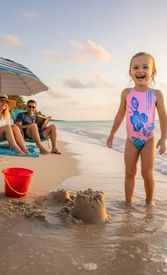 Child in a swimsuit standing in shallow water on a beach with a family in the background.
