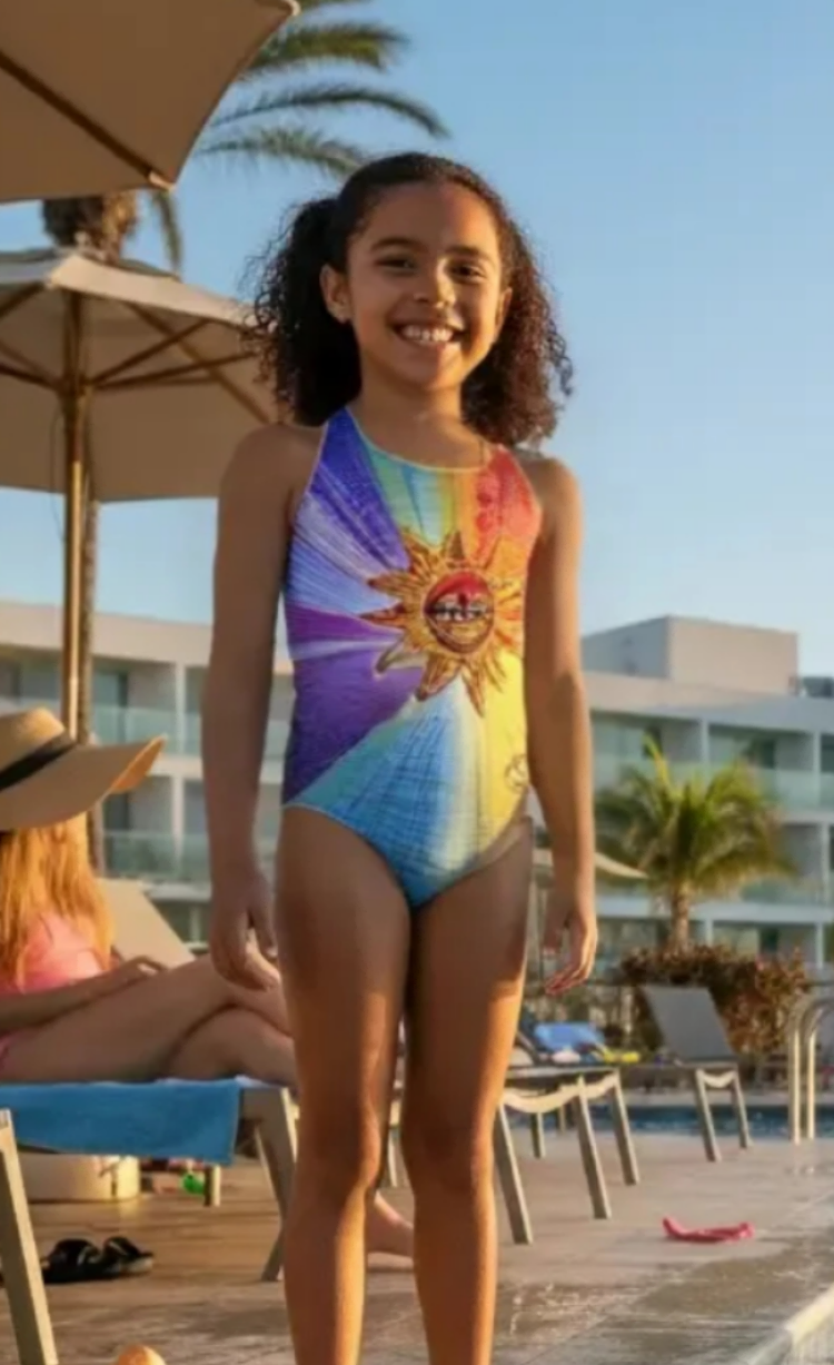 Sun girls one-piece swimsuit with colourful sun print, model by pool with family, made in Canada
