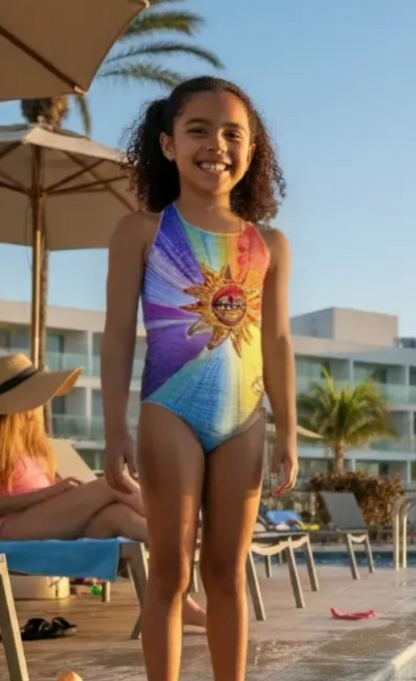Sun girls one-piece swimsuit with colourful sun print, model by pool with family, made in Canada