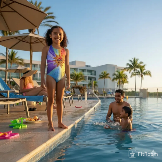 Family by a pool with palm trees and beach chairs in the background
