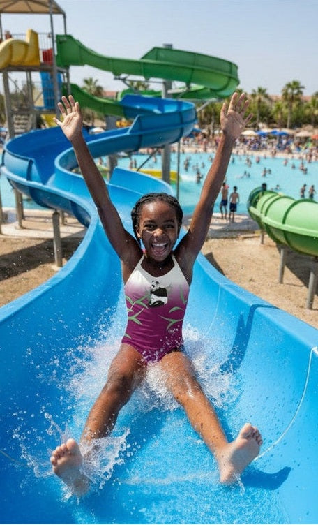 Sammy girls one-piece swimsuit with cute panda print, model on water slide at water park, made in Canada