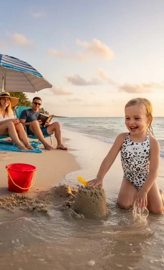 Family on a beach with a child building a sandcastle, under an umbrella.