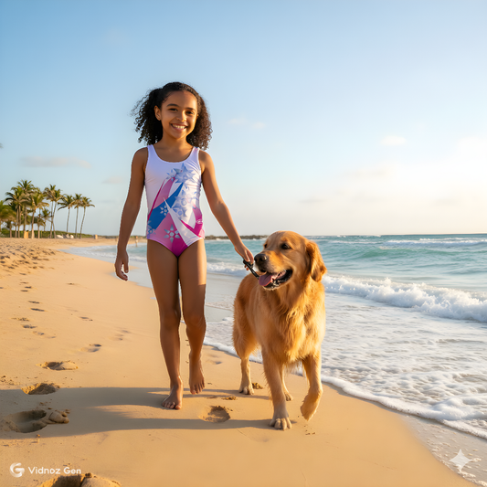 Girl in a swimsuit walking a dog on a beach with palm trees in the background