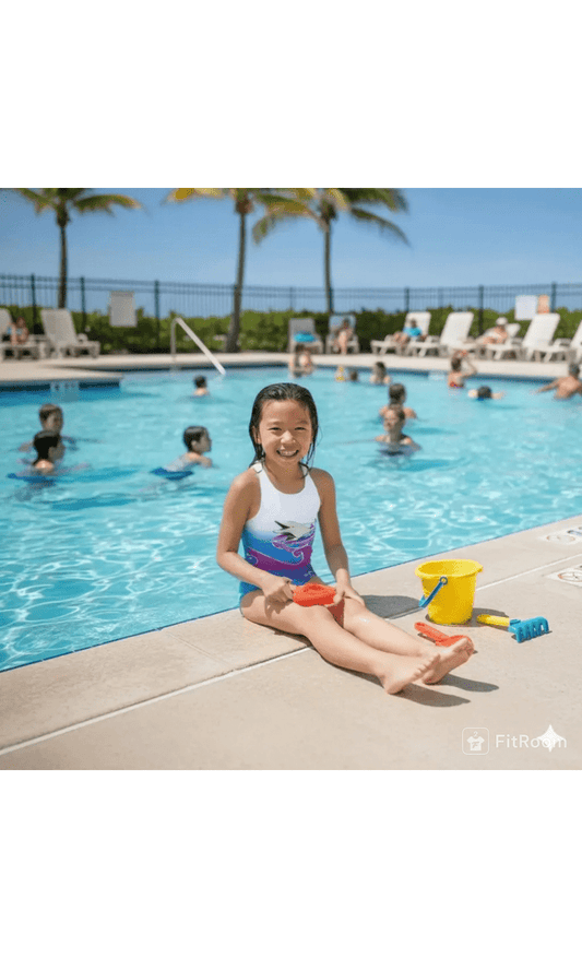 Child sitting by a pool with toys, surrounded by other swimmers and palm trees.