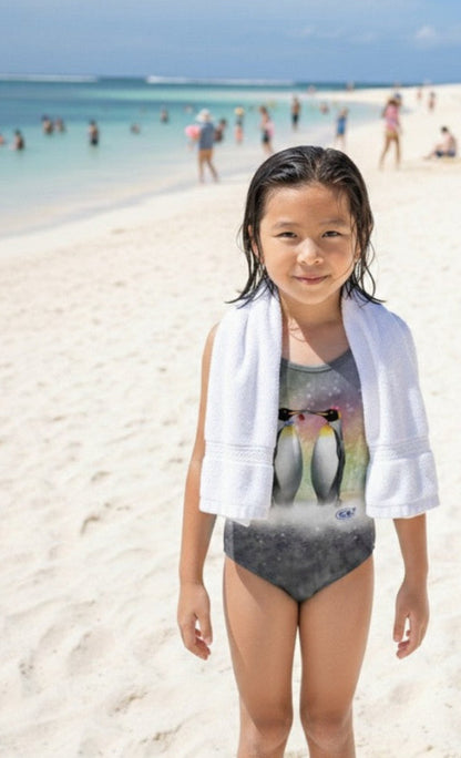 CoolKiss girls one-piece swimsuit with kissing penguins print, model on beach, made in Canada