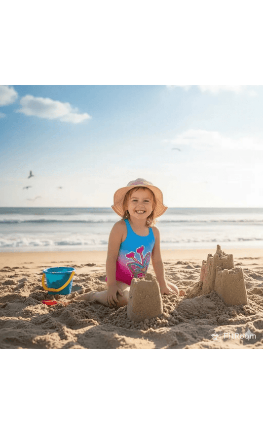 Child building a sandcastle on a beach with a blue bucket and toys.