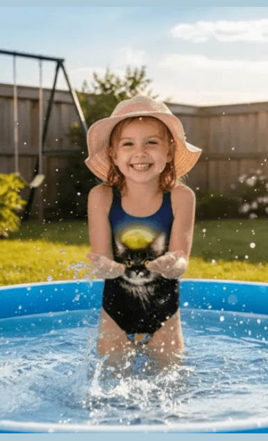 Ziggy the Cat girls one-piece swimsuit with cute cat print, model in pool, made in Canada