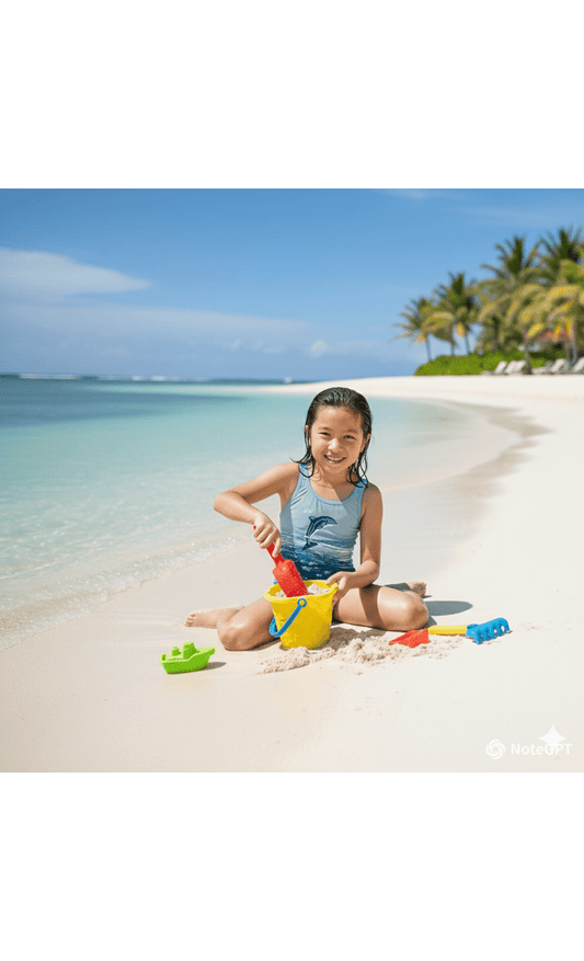 Child playing on a sandy beach with toys, surrounded by palm trees and clear blue water.